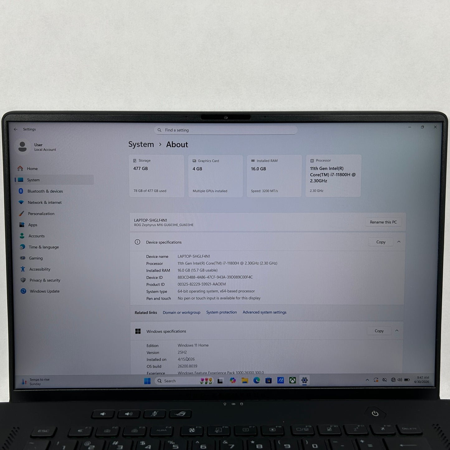Asus ROG Zephyrus M16 i7-11800H 2.3GHz 16GB RAM 512GB SSD GeForce RTX 3050 Ti