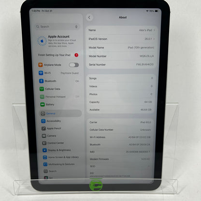 Unlocked Apple iPad 10th Gen 64GB Silver MQ6J3LL/A