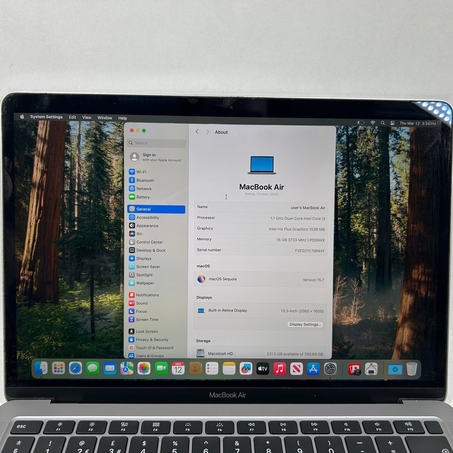 2020 Apple MacBook Air 13.3" i3 1.1GHz 16GB RAM 256GB SSD Silver A2179