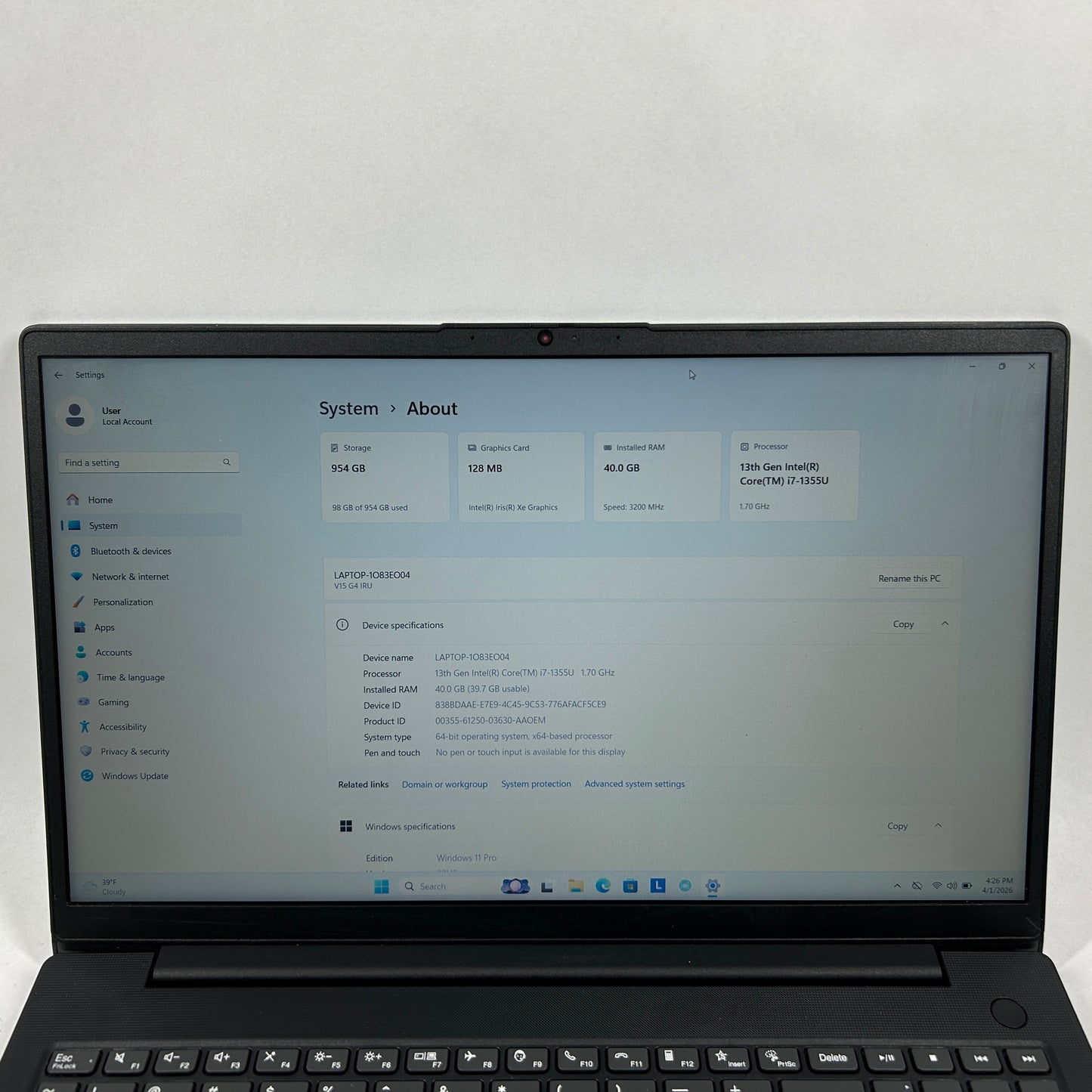 Lenovo V15 G4 83A1 15.6" i7-1355U 1.7GHz 40GB RAM 1TB SSD