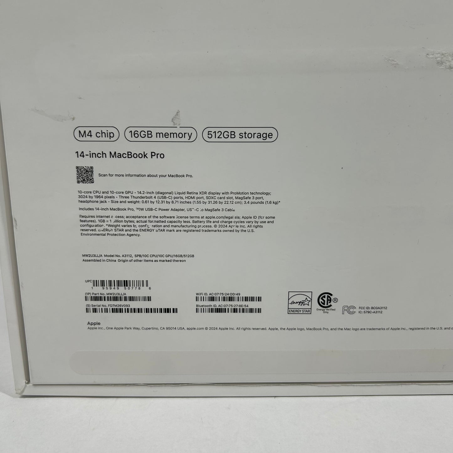 2024 Apple MacBook Pro 14" M4 10C GPU 4.5GHz 16GB RAM 512GB SSD MW2U3LL/A