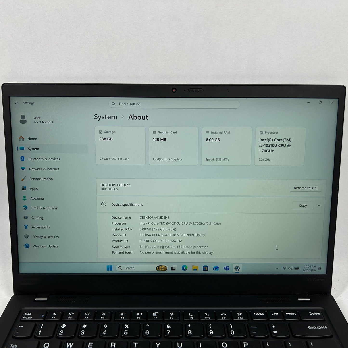 Lenovo ThinkPad X1 Carbon Gen 8 13.3" i5-10310U 2.2GHz 8GB RAM 256GB SSD