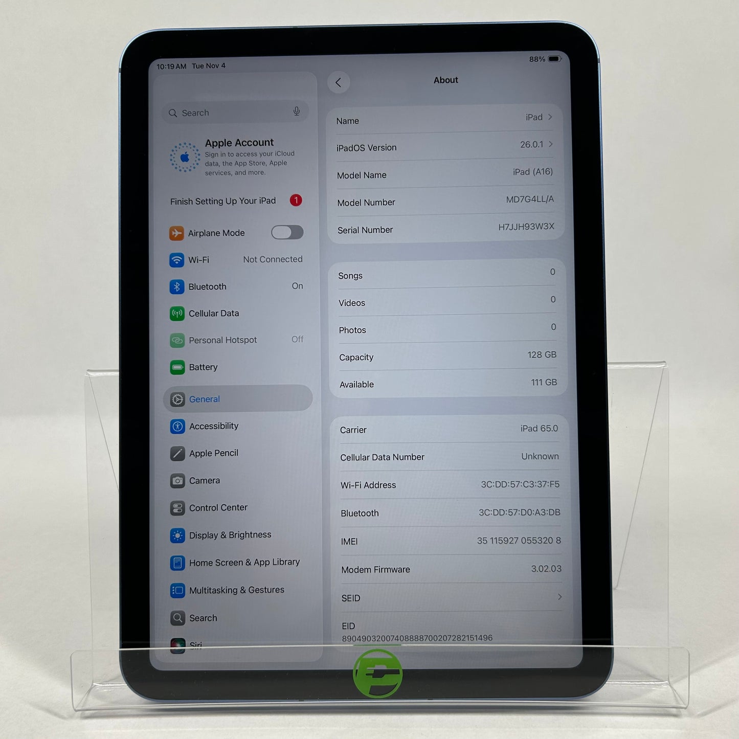 Unlocked Apple iPad 11" (A16) 128GB 26.0.1 Blue MD7G4LL/A