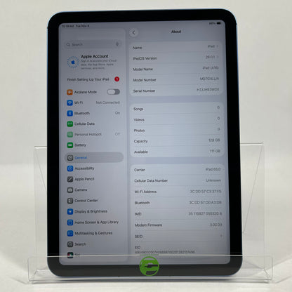 Unlocked Apple iPad 11" (A16) 128GB 26.0.1 Blue MD7G4LL/A