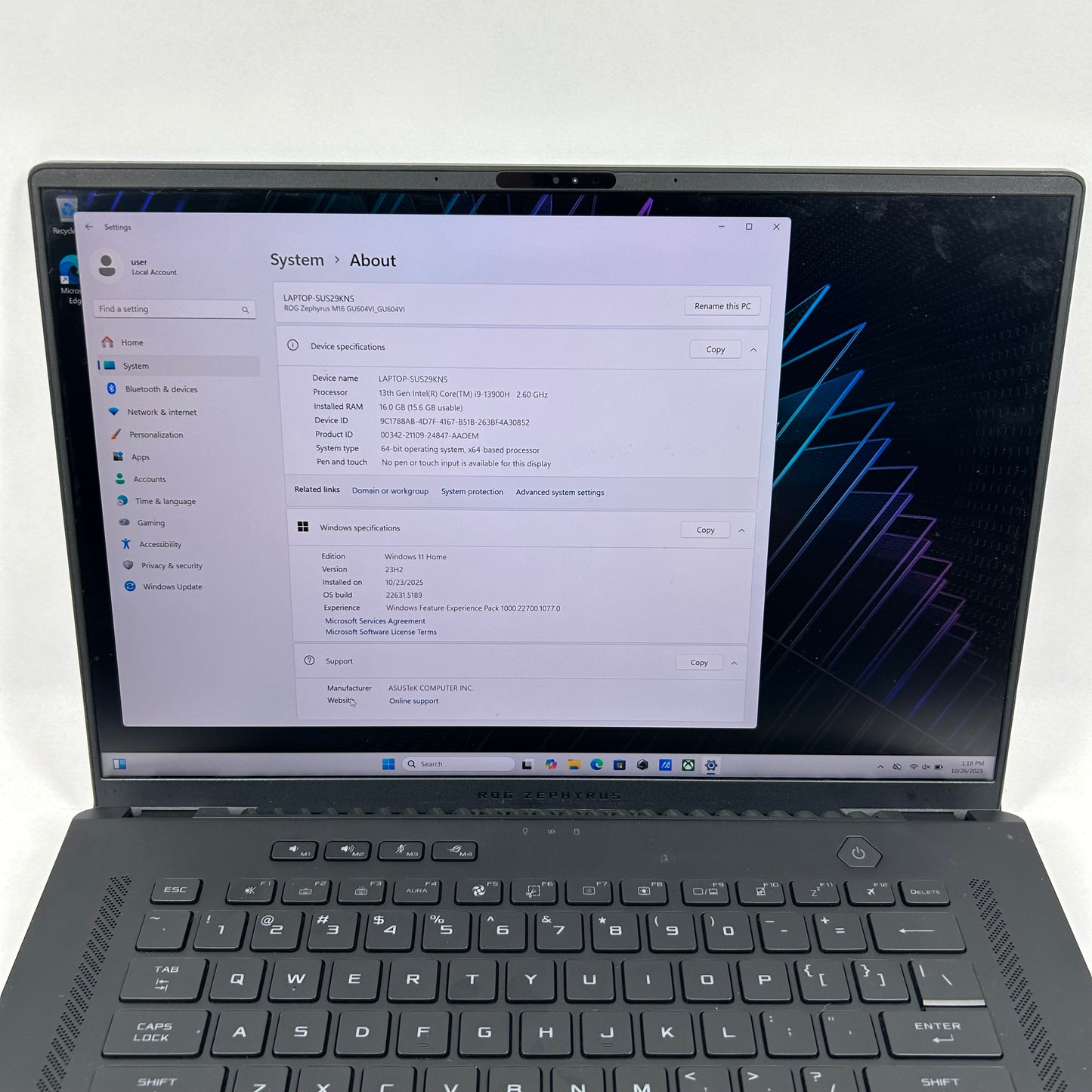 Asus ROG Zephryus M16 16" i9-13900H 16GB RAM 1TB SSD GeForce RTX 4070 READ