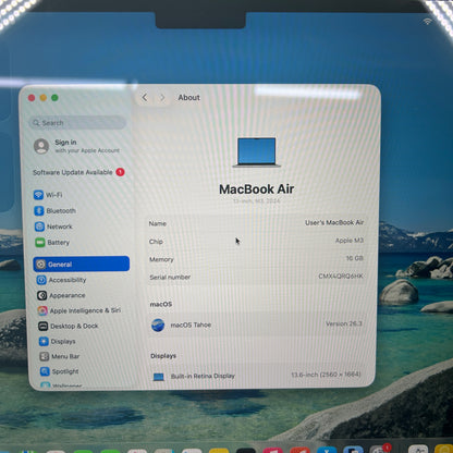 2024 Apple MacBook Air 13.6" M3 8C GPU 4.0GHz 16GB RAM 256GB SSD A3113